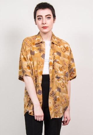 VINTAGE 90'S BROWN ABSTRACT PATTERN SHORT SLEEVE SHIRT