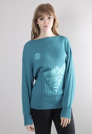 VINTAGE 80S TURQUOISE EMBROIDERED TEXTURED WOOL JUMPER