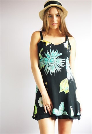 Y2K VINATGE FLORAL PATTERN SPAGHETTI STRAPS BLACK MINI DRESS