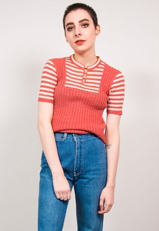VINTAGE 70'S DUSTY PINK STRIPED PRINT KNIT RIBBED TOP