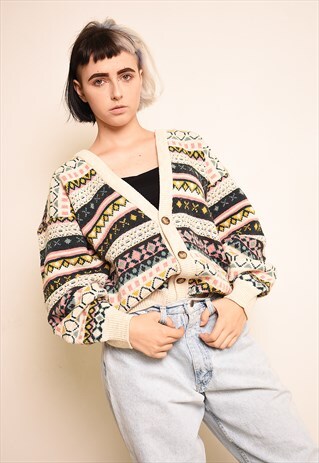 90'S RETRO FAIR ISLE PATTERN SLOUCHY KNIT CARDIGAN