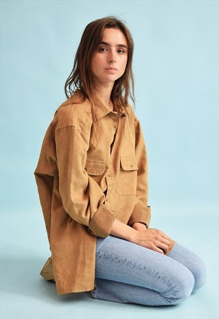 90'S RETRO FAUX SUEDE NEUTRAL OVERSIZED BOHO SHIRT TOP