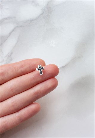 MEN'S STUD EARRING BLACK CRYSTAL GEM CROSS SILVER CZ SMALL