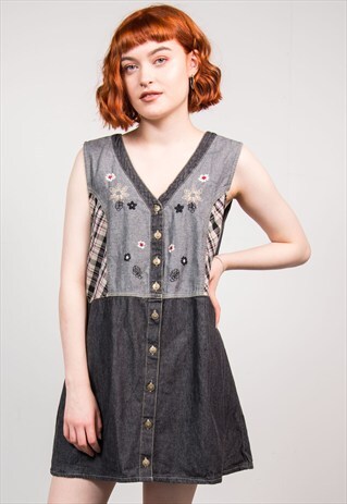 VINTAGE 90'S GREY DENIM FLORAL CHECK PATTERNED MINI DRESS