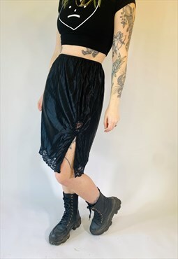 Vintage 90s 00s Y2K Grunge Satin Black Lace Skirt