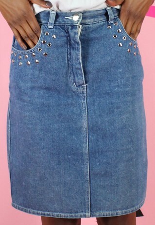 VINTAGE 90S DENIM SKIRT MIDI Y2K BLUE W/ METAL EYELET DETAIL