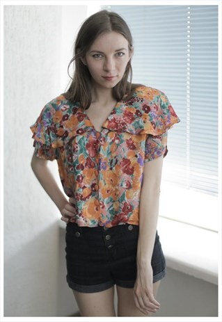 VINTAGE 80'S MULTI COLOUR FLOWER PRINT CROPPED BLOUSE
