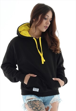 VARSITY STYLE BLACK HOODIE WITH YELLOW ACCENT