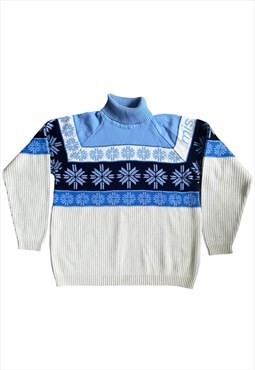 Vintage Cream & Blue Mistral Roll Neck Winter Ski Sweater