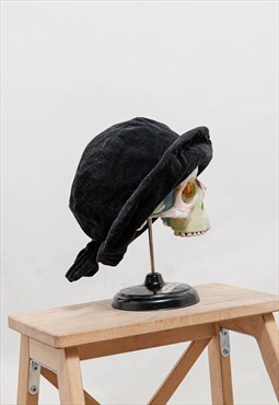 Vintage 80s Black Corduroy Velvet Trim Bow Cloche Hat S/M