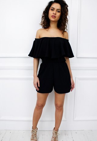 WOMENS LADIES BLACK STRAPLESS FRILL PLAYSUIT