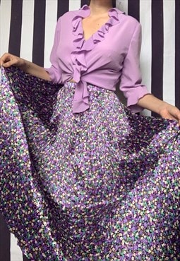 Vintage 80s purple maxi pleated skirt in floral print, uk14