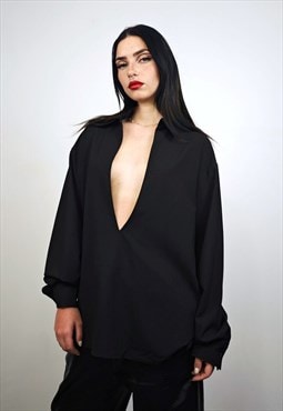 Deep V neck shirt cut-out chest blouse open front top black