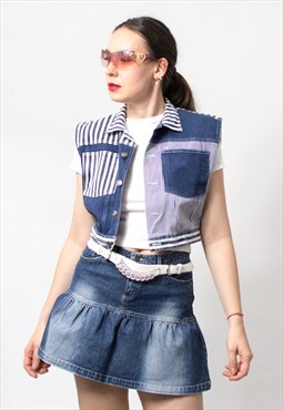 Vintage 90's denim vest striped cropped sleeveless jacket