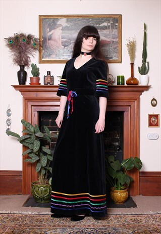 VINTAGE 70S BLACK VELVET RAINBOW STRIPE BELTED MAXI DRESS