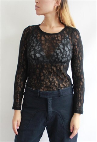 80S STYLE BLACK LACE NET LONG TOP