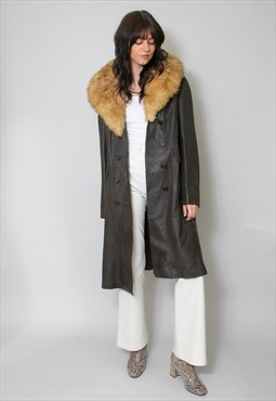 70's Penny Lane Brown Leather Sheepskin Collar Coat Large