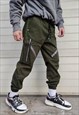 CARGO POCKET PANELED EMBROIDERED JOGGERS ZIPPER PANTS GREEN