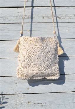 Handmade white/cream upsycled crochet cotton cross body bag