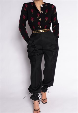 VERY RARE UNIQUE VINTAGE BLACK EMBROIDERED BUTTONED CARDIGAN