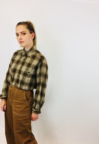 VINTAGE REWORK CROPPED PLAID FLANNEL SHIRT