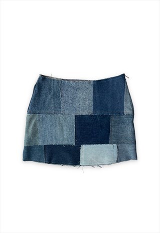 VINTAGE 90S Y2K REWORKED BLUE DENIM SKIRT PATCHWORK DESIGN