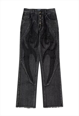 Tattoo patch jeans ripped raver denim pants in acid black