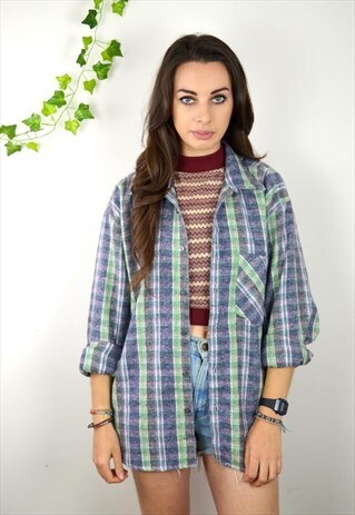 90S VINTAGE BLUE AND GREEN CHECKED FLANNEL SHIRT