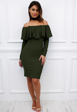 KHAKI FRILL BARDOT OFF SHOULDER LONG SLEEVE MIDI DRESS