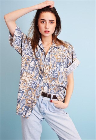 90'S PIERRE CARDIN ABSTRACT FLORAL PRINT OVERSIZED SHIRT