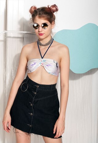 VINTAGE BIKINI TOP 80S HALTER NECK BRA ABSTRACT BRALETTE