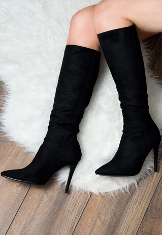 KIND ZIP HIGH HEEL STILETTO KNEE BOOTS - BLACK SUEDE STYLE