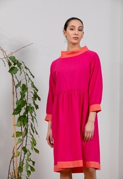 Pink and Coral Linen Dress With Turtleneck