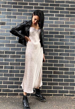 90S STYLE LEOPARD PRINT SATIN SLIP MIDI DRESS