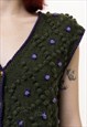 DEEP GREEN FLORAL EMBROIDERED POPCORN KNIT VEST 4976