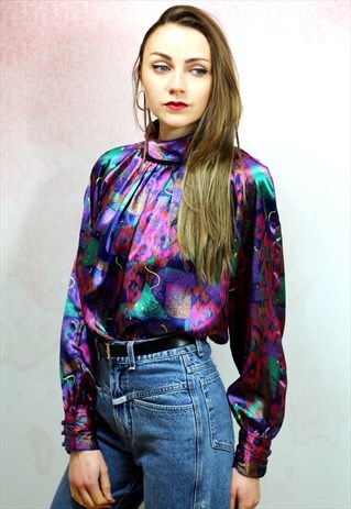 1980S VINTAGE PURPLE PATTERNED SILKY HIGH NECK BLOUSE
