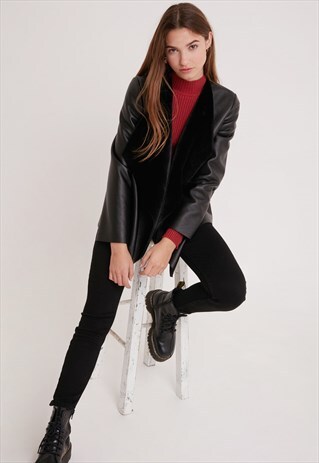 FAUX LEATHER WATERFALL COAT - BLACK