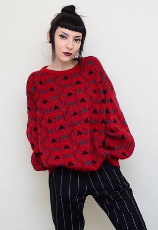 VINTAGE 90'S RED RETRO PATTERNED SLOUCHY JUMPER