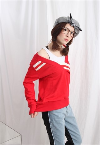 (KOREAN) TWISTED STRIPE TRIM V-NECK SWEATSHIRT RED