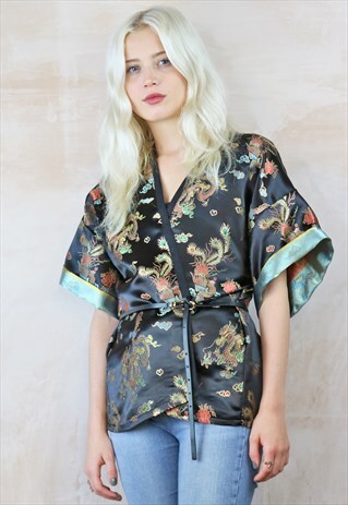BLACK DRAGON SATIN KIMONO