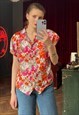 SILKY FLORAL BLOUSE, BUTTON UP SATIN SHORT SLEEVE BLOUSE