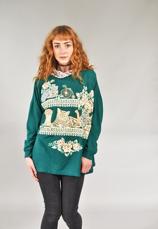 VINTAGE GREEN CAT PRINTED COLLARED SWEATSHIRT