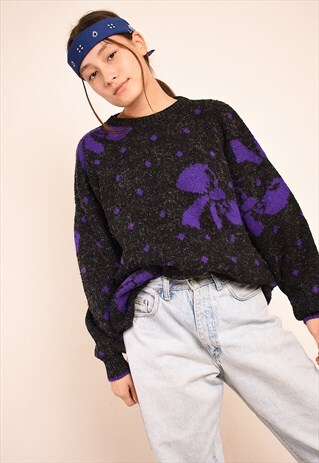 80'S RETRO RIBBON PATTERN SHIMMER OVERSIZED KNIT JUMPER