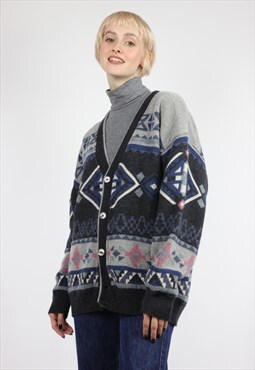 Vintage 90s Pattern Knit Sweater Cardigan Multi Medium 