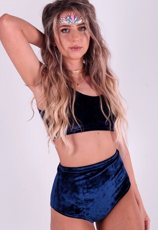 NAVY BLUE VELVET CROP AND FULL BRIEF BOTTOMS FESTIVAL SET
