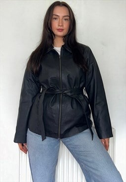 Black Leather Vintage Belted Bomber Jacket