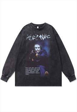 Vintage wash gothic t-shirt Joker print top clown tee grey