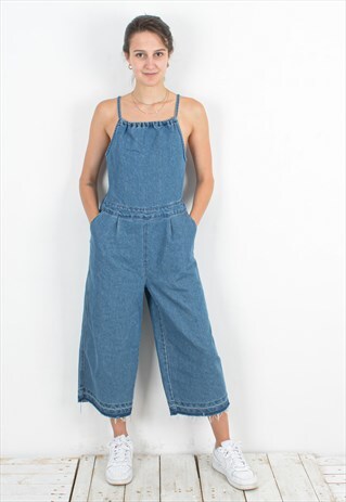 Vintage Women's 90's M Blue Overall Denim Dungaree Lace Up 