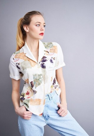 90'S BOHO FLORAL PRINT OVERSIZED SHIRT BLOUSE TOP