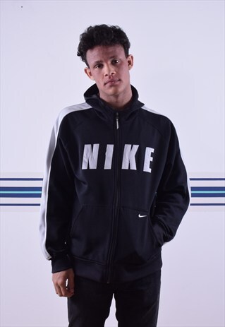BLACK AND WHITE NIKE EMBROIDERED ZIP-UP HOODIE